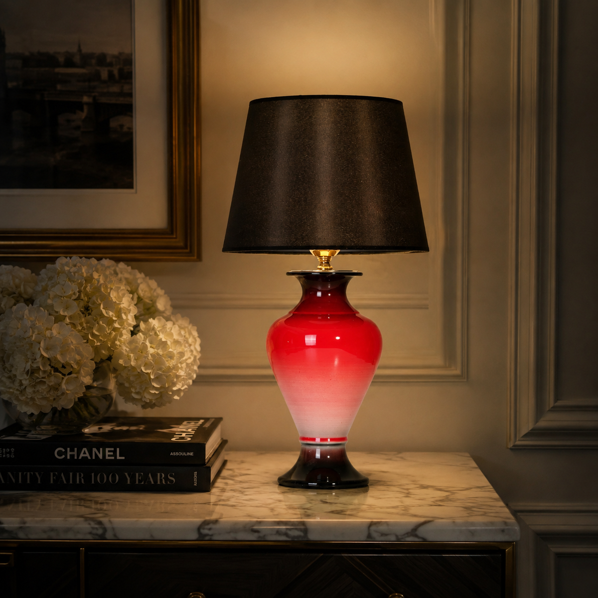 Red Ombre Ceramic Table Lamp with Black Shade, Glossy Urn Lamp