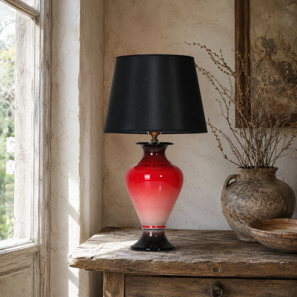 Red Ombre Ceramic Table Lamp with Black Shade, Glossy Urn Lamp