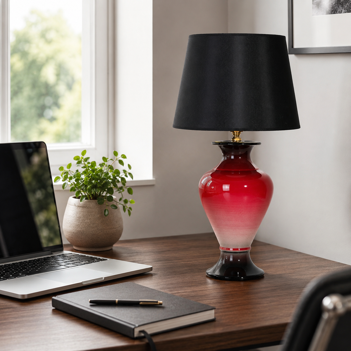Red Ombre Ceramic Table Lamp with Black Shade, Glossy Urn Lamp