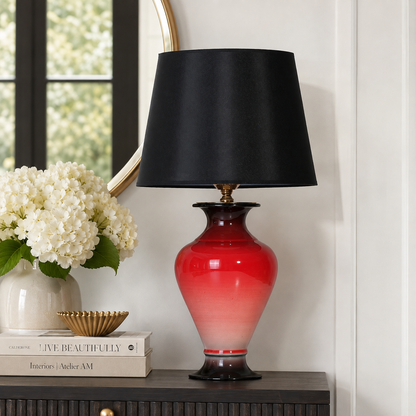 Red Ombre Ceramic Table Lamp with Black Shade, Glossy Urn Lamp