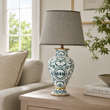 Teal & White Ceramic Table Lamp with Grey Shade, Hand-Painted Urn Lamp