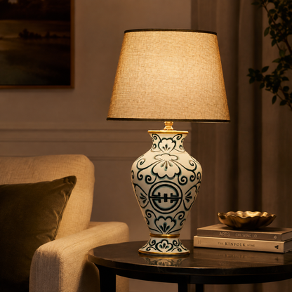 Teal & White Ceramic Table Lamp with Grey Shade, Hand-Painted Urn Lamp