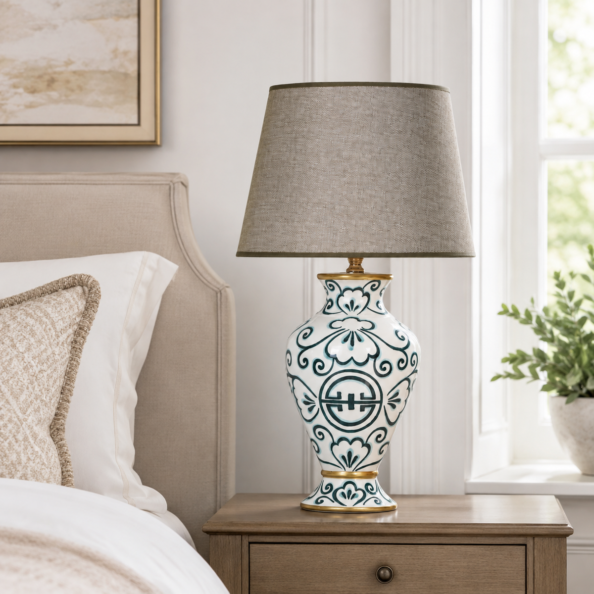Teal & White Ceramic Table Lamp with Grey Shade, Hand-Painted Urn Lamp