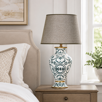 Teal & White Ceramic Table Lamp with Grey Shade, Hand-Painted Urn Lamp