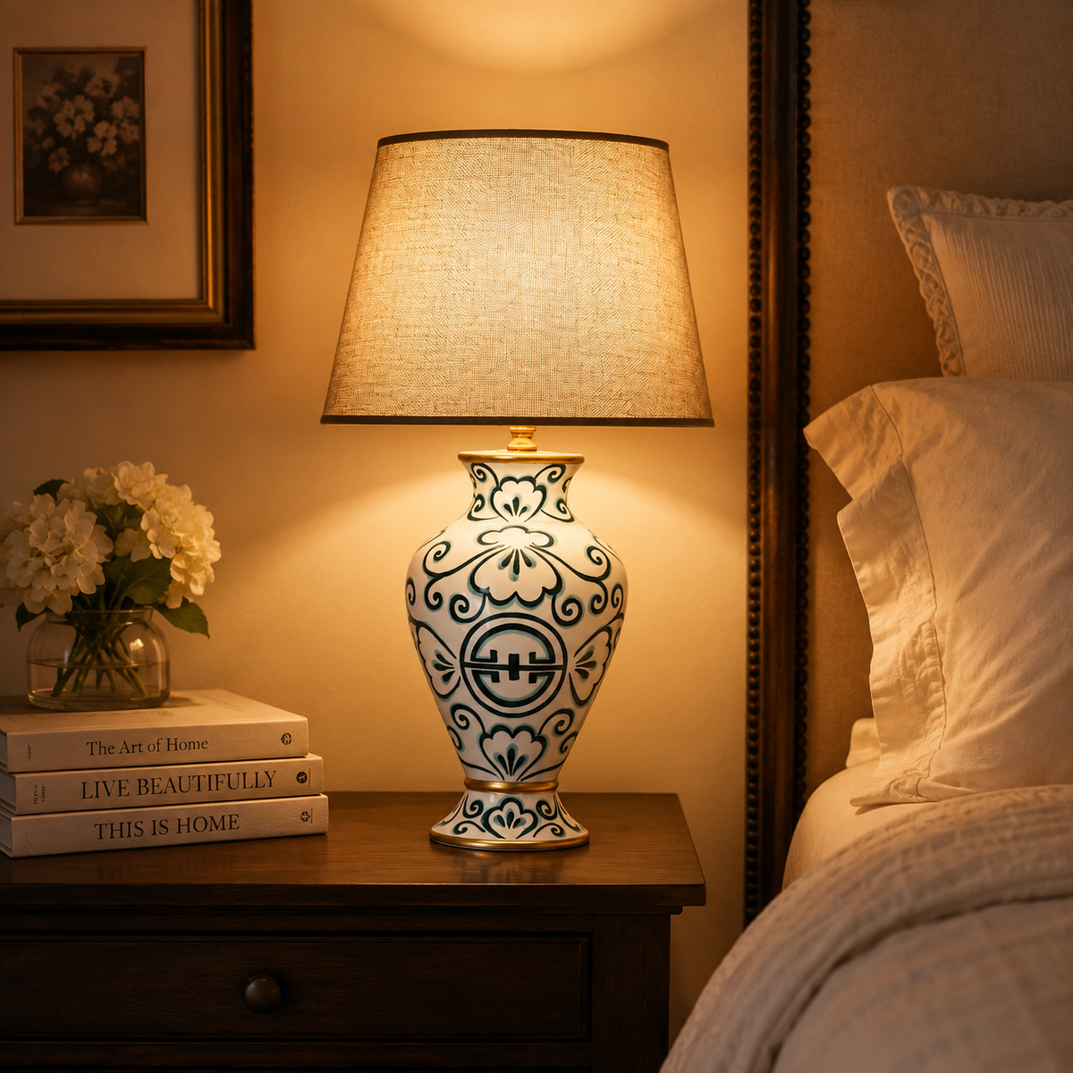 Teal & White Ceramic Table Lamp with Grey Shade, Hand-Painted Urn Lamp
