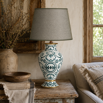 Teal & White Ceramic Table Lamp with Grey Shade, Hand-Painted Urn Lamp