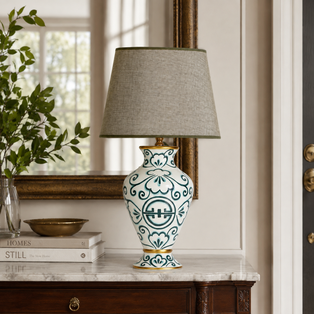 Teal & White Ceramic Table Lamp with Grey Shade, Hand-Painted Urn Lamp