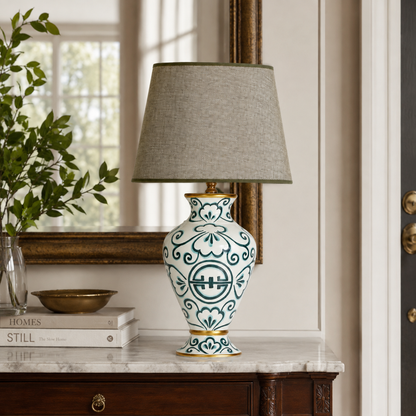 Teal & White Ceramic Table Lamp with Grey Shade, Hand-Painted Urn Lamp