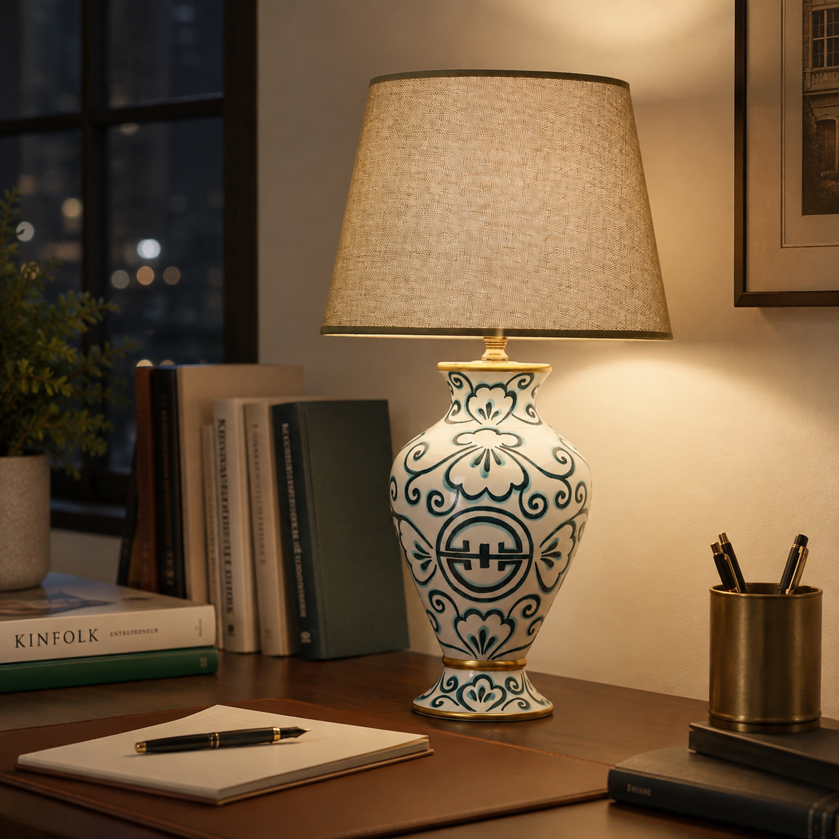 Teal & White Ceramic Table Lamp with Grey Shade, Hand-Painted Urn Lamp