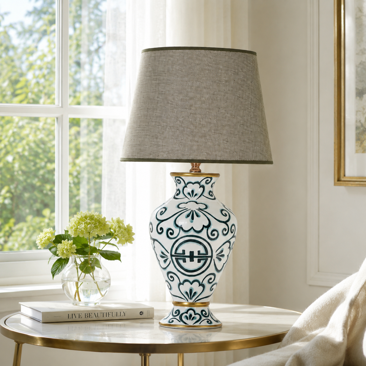 Teal & White Ceramic Table Lamp with Grey Shade, Hand-Painted Urn Lamp