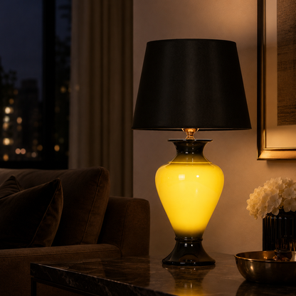 Yellow & Black Ceramic Table Lamp with Black Shade, Glossy Urn Lamp