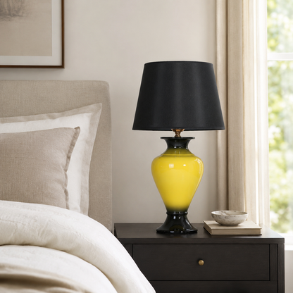 Yellow & Black Ceramic Table Lamp with Black Shade, Glossy Urn Lamp
