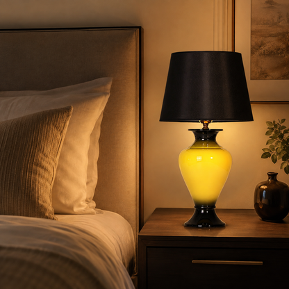 Yellow & Black Ceramic Table Lamp with Black Shade, Glossy Urn Lamp