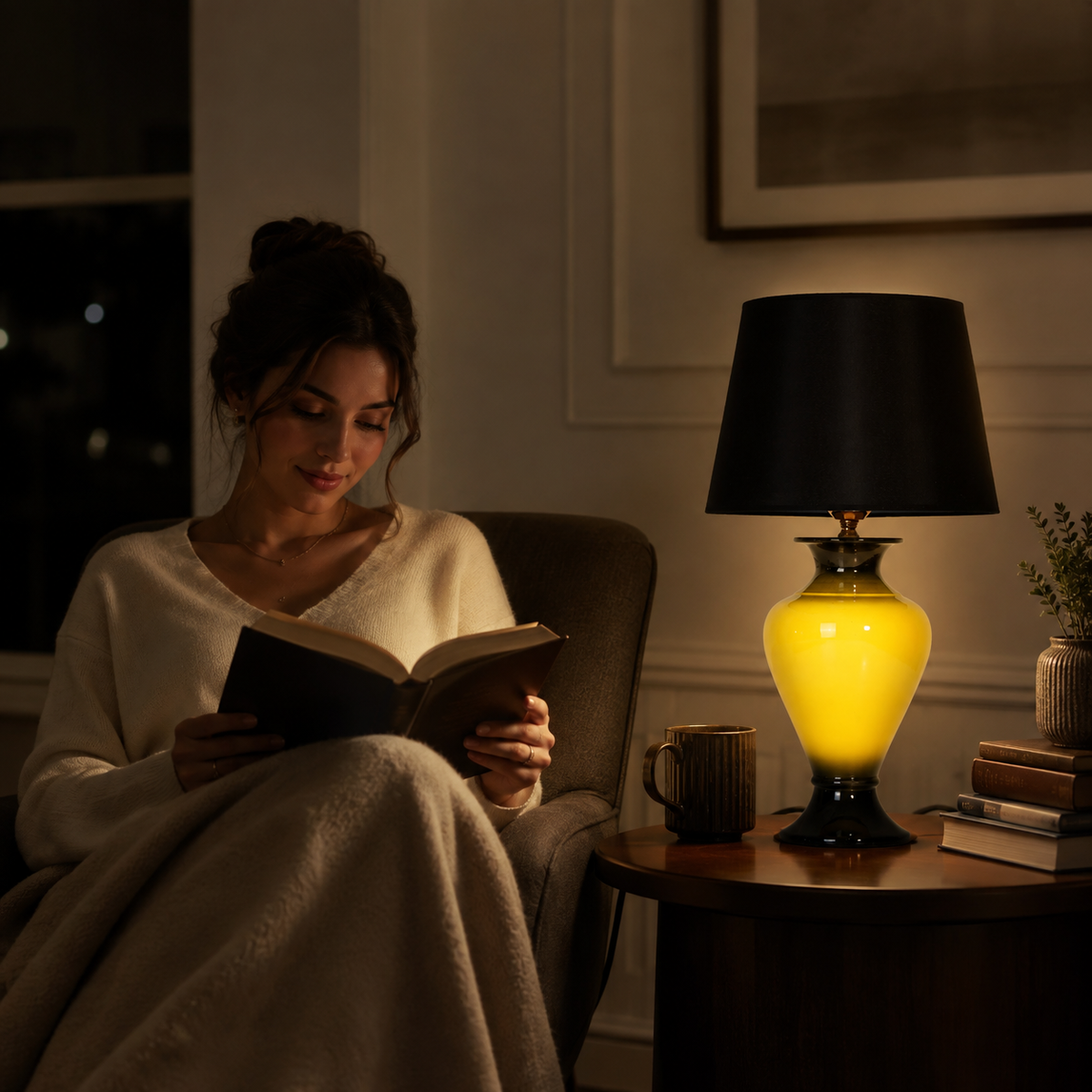 Yellow & Black Ceramic Table Lamp with Black Shade, Glossy Urn Lamp
