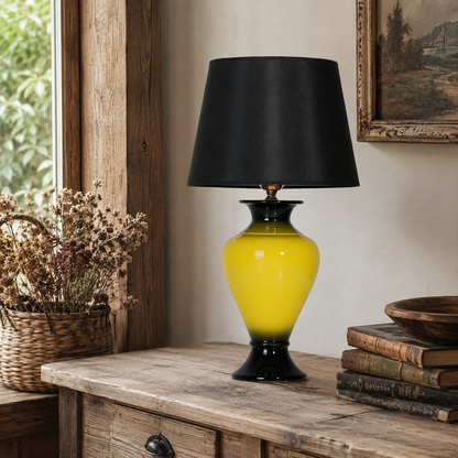 Yellow & Black Ceramic Table Lamp with Black Shade, Glossy Urn Lamp