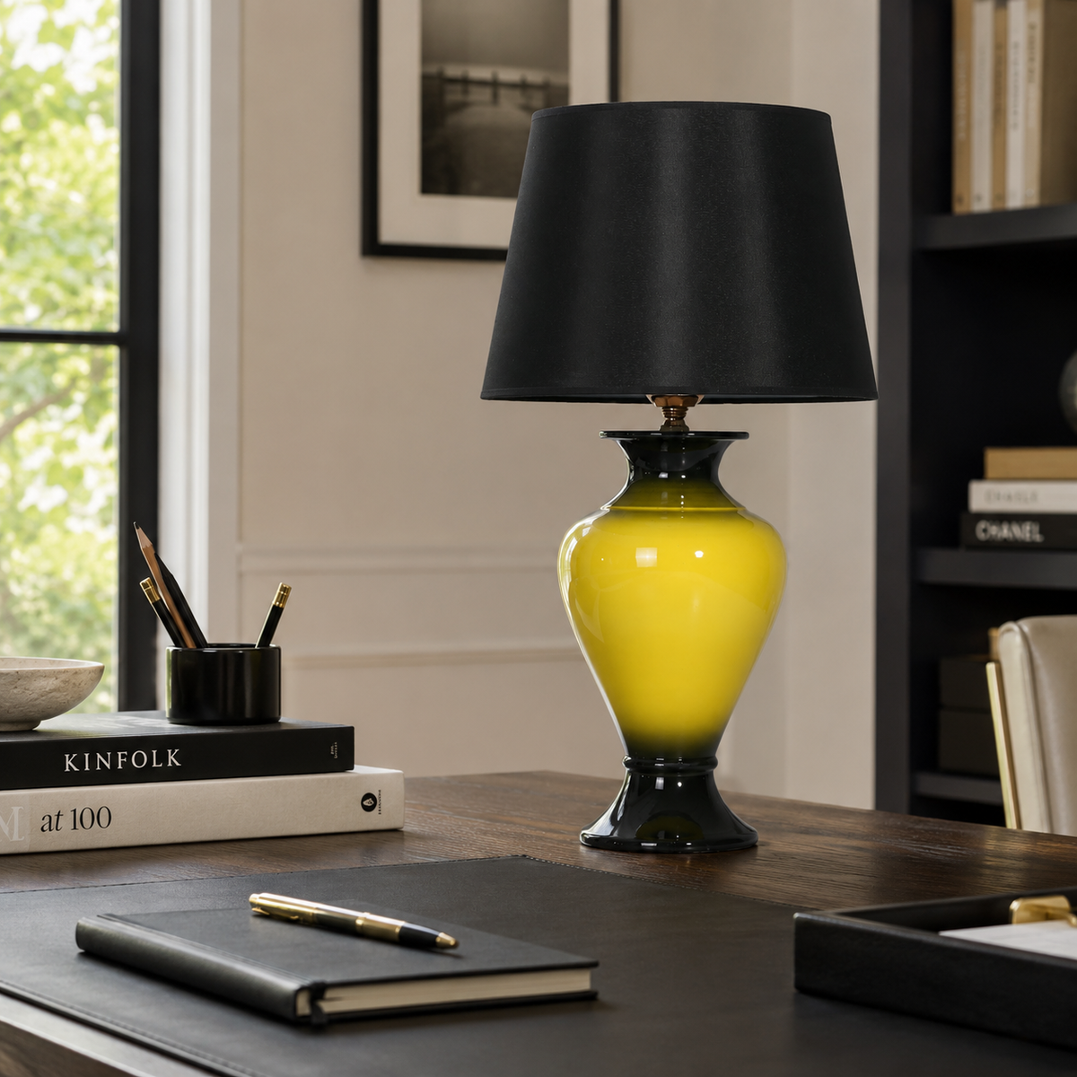 Yellow & Black Ceramic Table Lamp with Black Shade, Glossy Urn Lamp