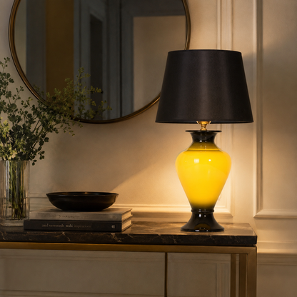 Yellow & Black Ceramic Table Lamp with Black Shade, Glossy Urn Lamp