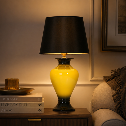 Yellow & Black Ceramic Table Lamp with Black Shade, Glossy Urn Lamp