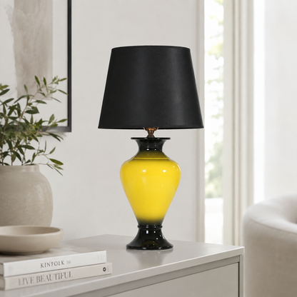 Yellow & Black Ceramic Table Lamp with Black Shade, Glossy Urn Lamp