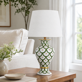 Green & White Scale Pattern Ceramic Table Lamp, Hand-Painted Urn Lamp