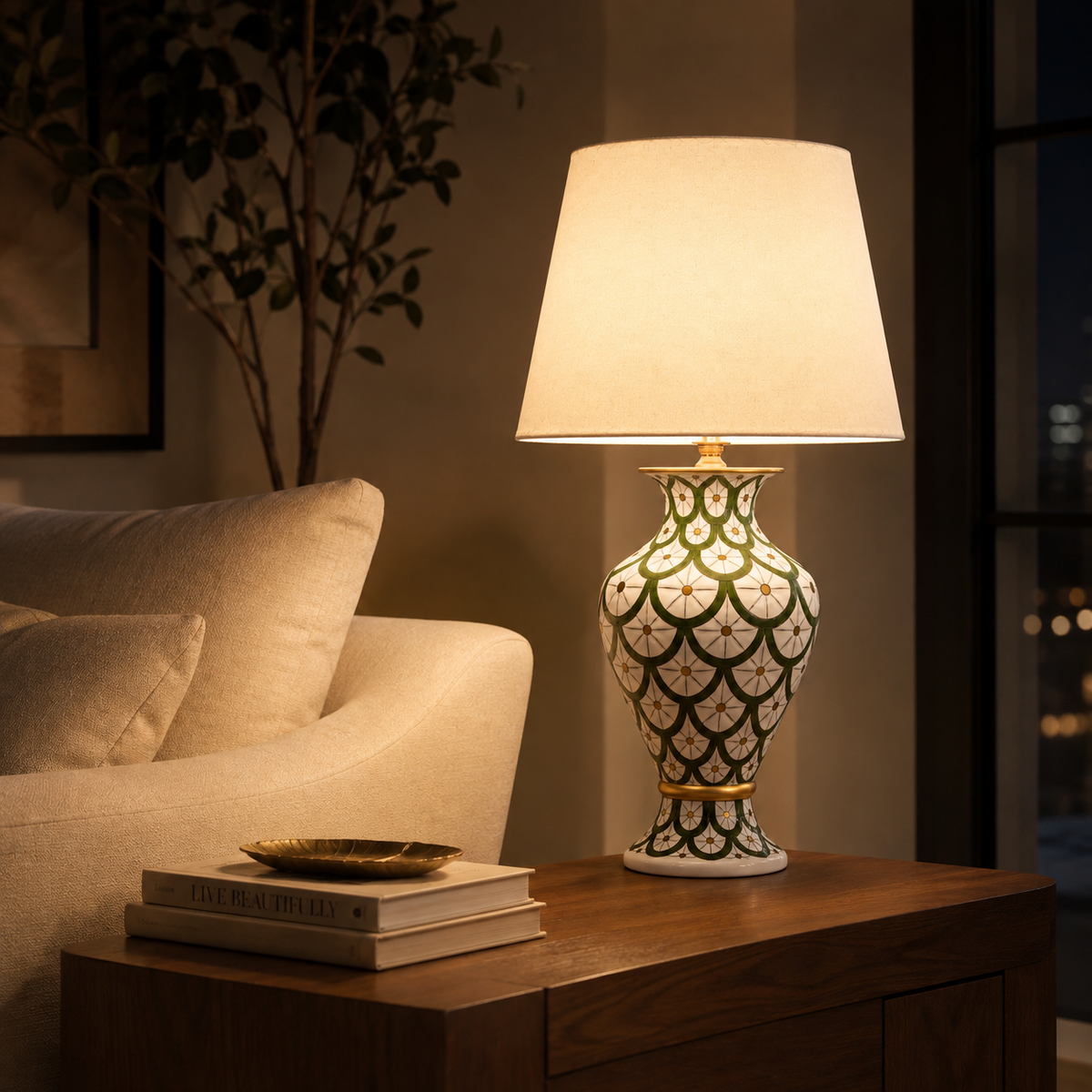 Green & White Scale Pattern Ceramic Table Lamp, Hand-Painted Urn Lamp