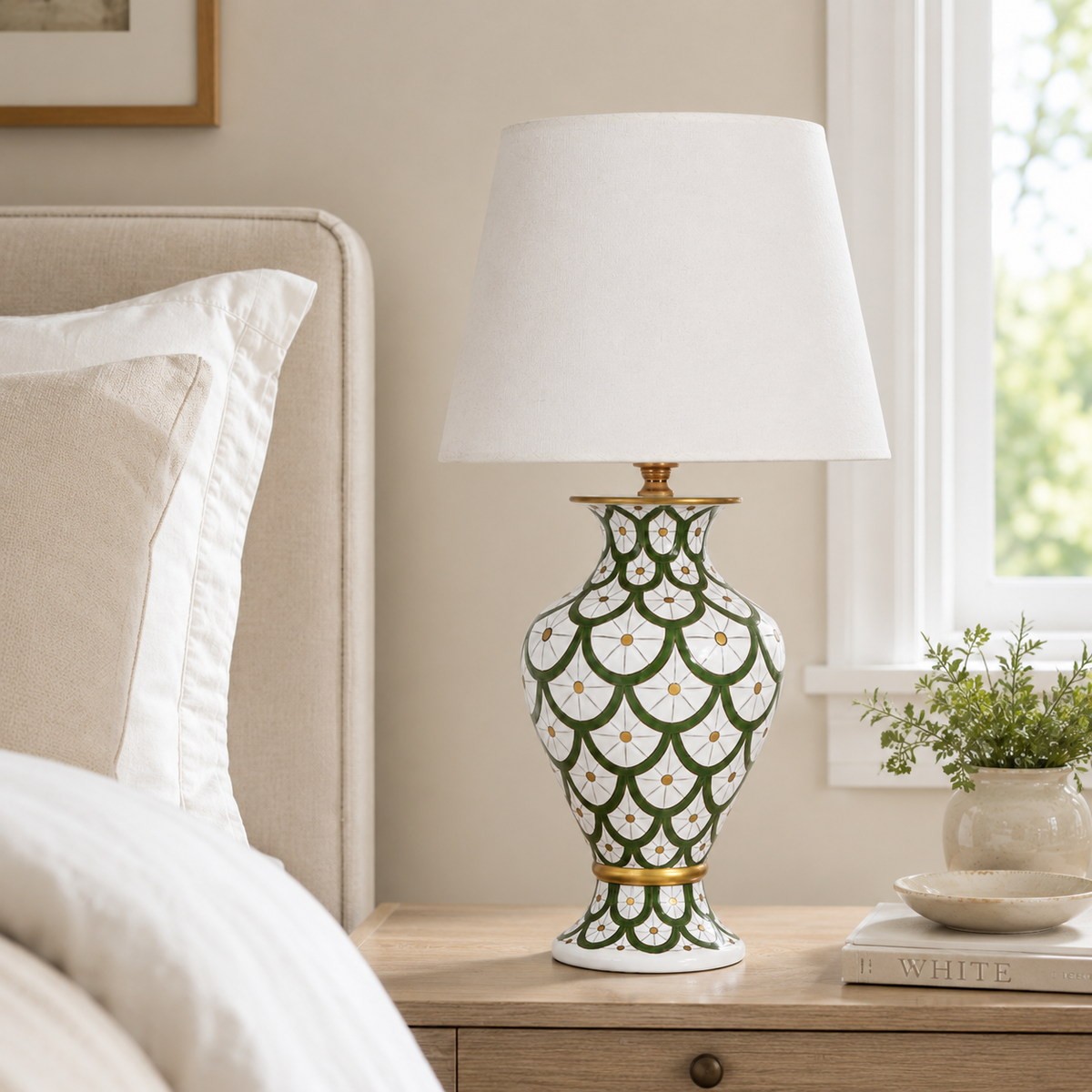 Green & White Scale Pattern Ceramic Table Lamp, Hand-Painted Urn Lamp