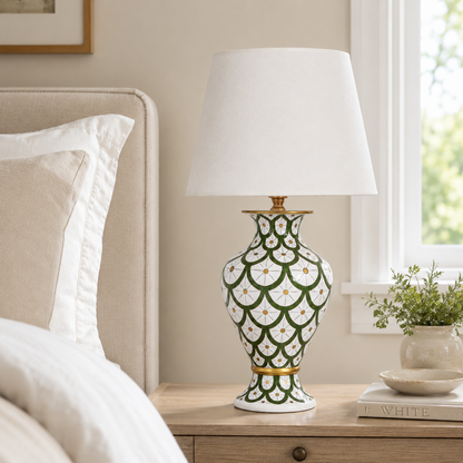 Green & White Scale Pattern Ceramic Table Lamp, Hand-Painted Urn Lamp