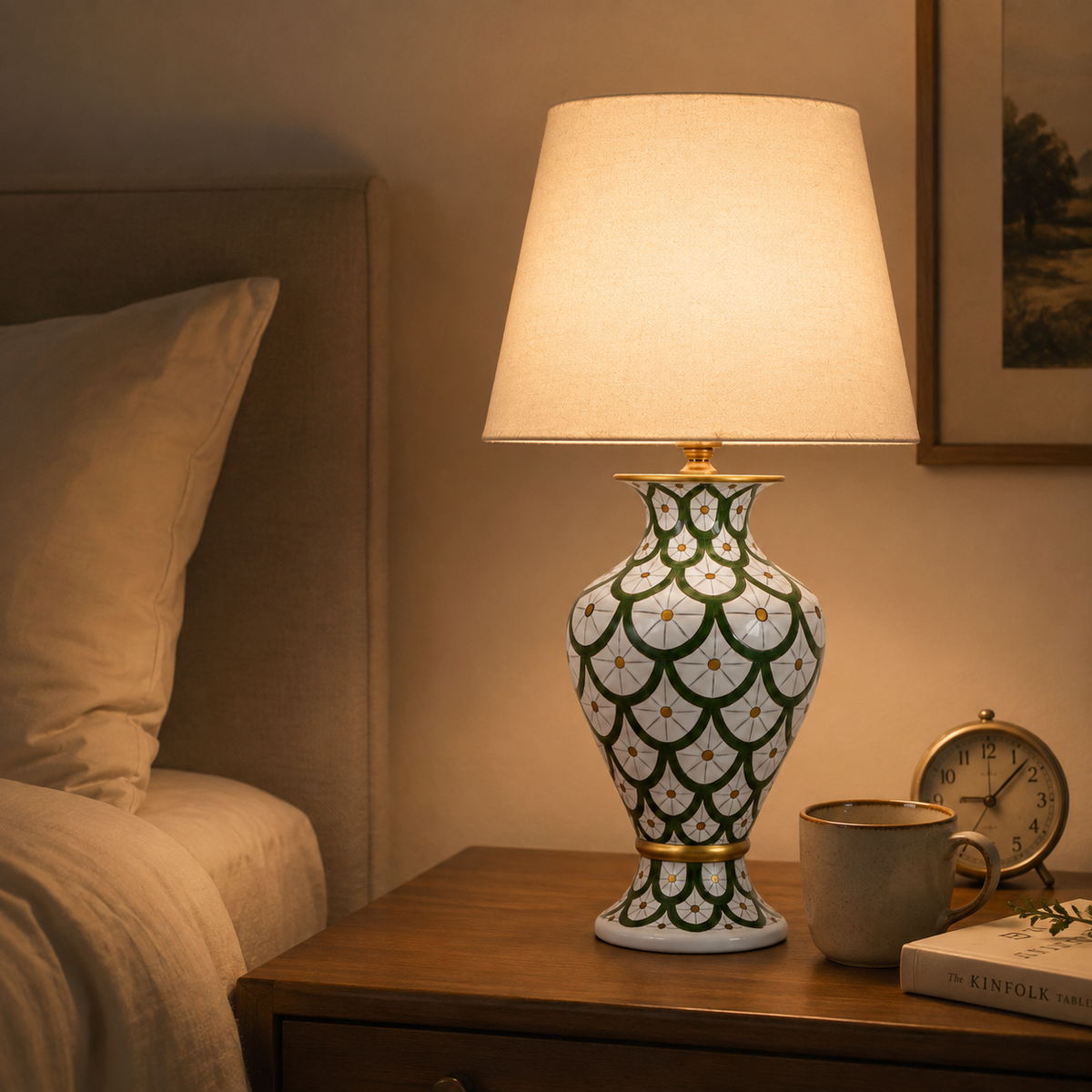 Green & White Scale Pattern Ceramic Table Lamp, Hand-Painted Urn Lamp