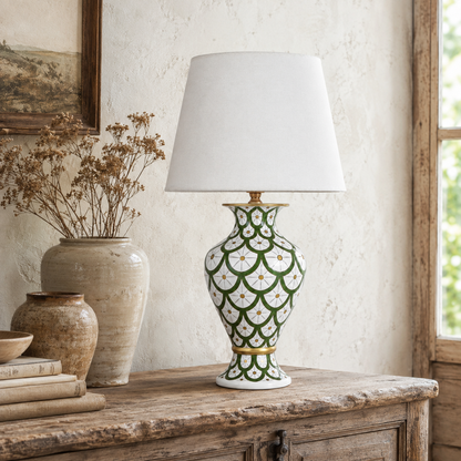 Green & White Scale Pattern Ceramic Table Lamp, Hand-Painted Urn Lamp