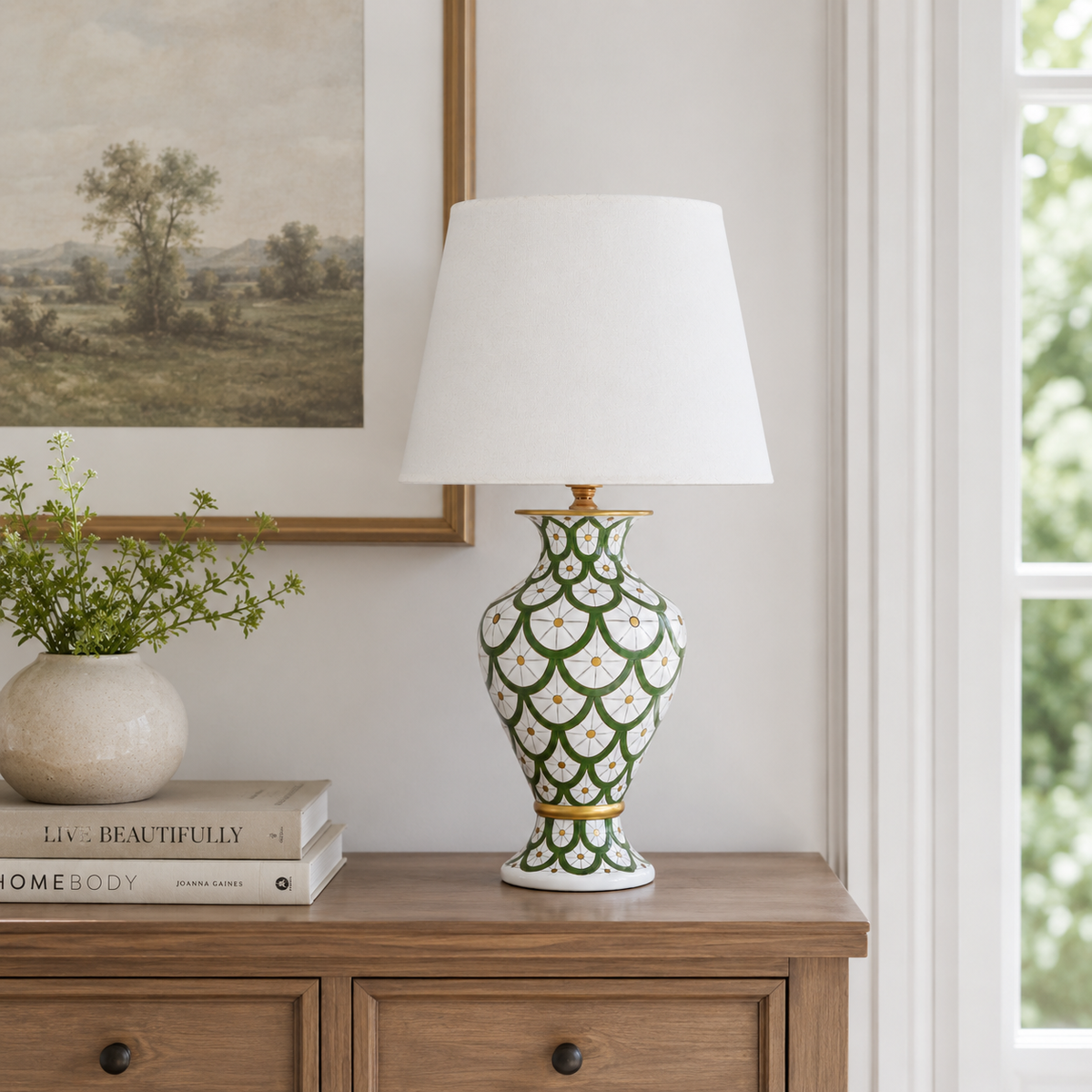 Green & White Scale Pattern Ceramic Table Lamp, Hand-Painted Urn Lamp