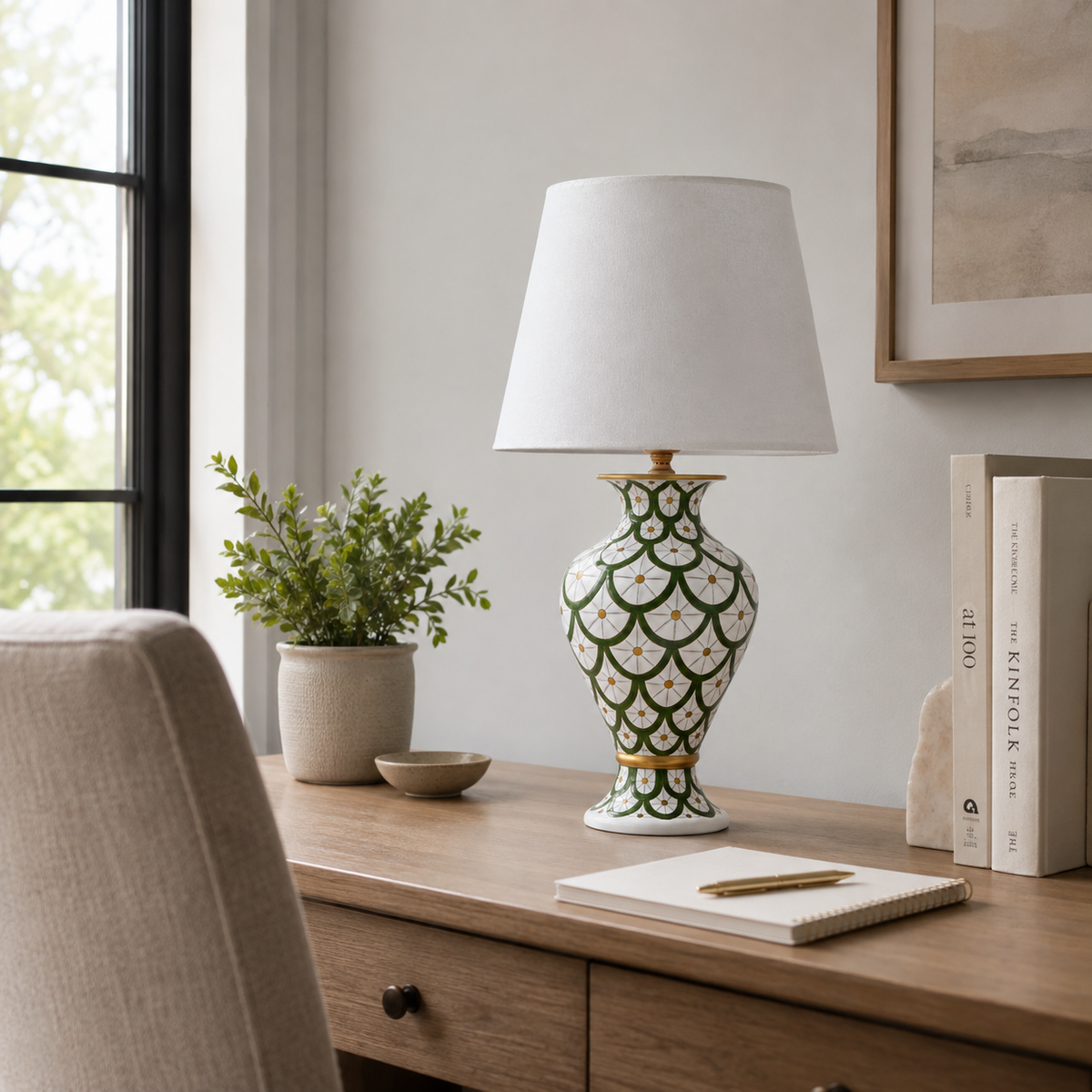 Green & White Scale Pattern Ceramic Table Lamp, Hand-Painted Urn Lamp