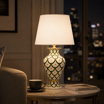 Green & White Scale Pattern Ceramic Table Lamp, Hand-Painted Urn Lamp
