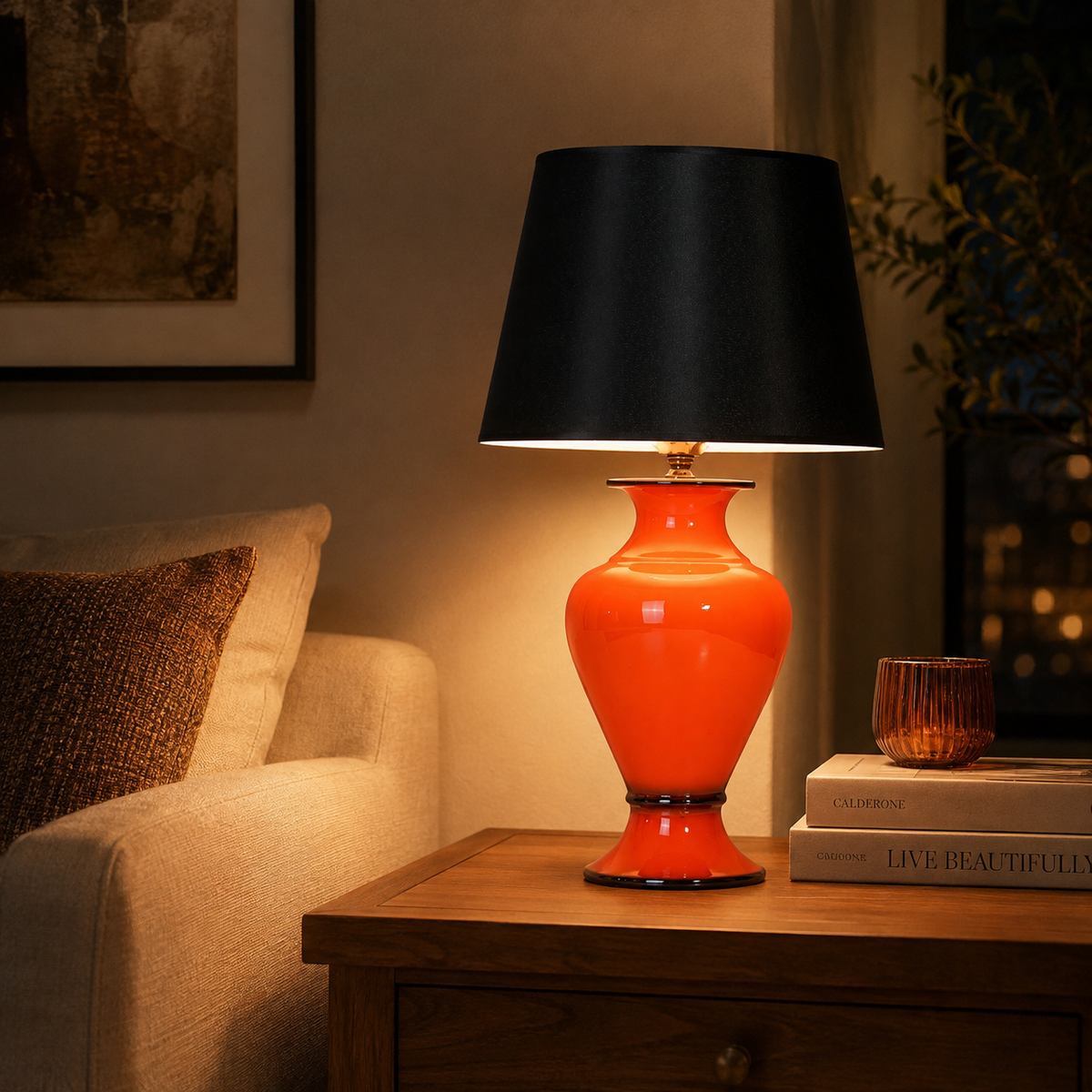 Orange Ceramic Table Lamp with Black Shade, Glossy Urn Bedside Lamp