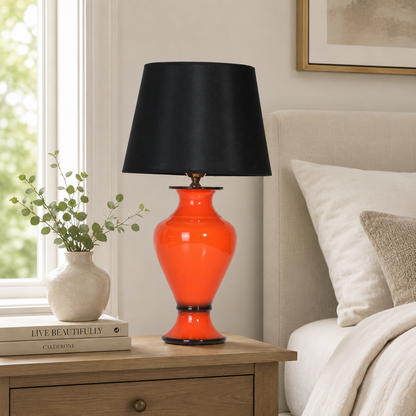 Orange Ceramic Table Lamp with Black Shade, Glossy Urn Bedside Lamp