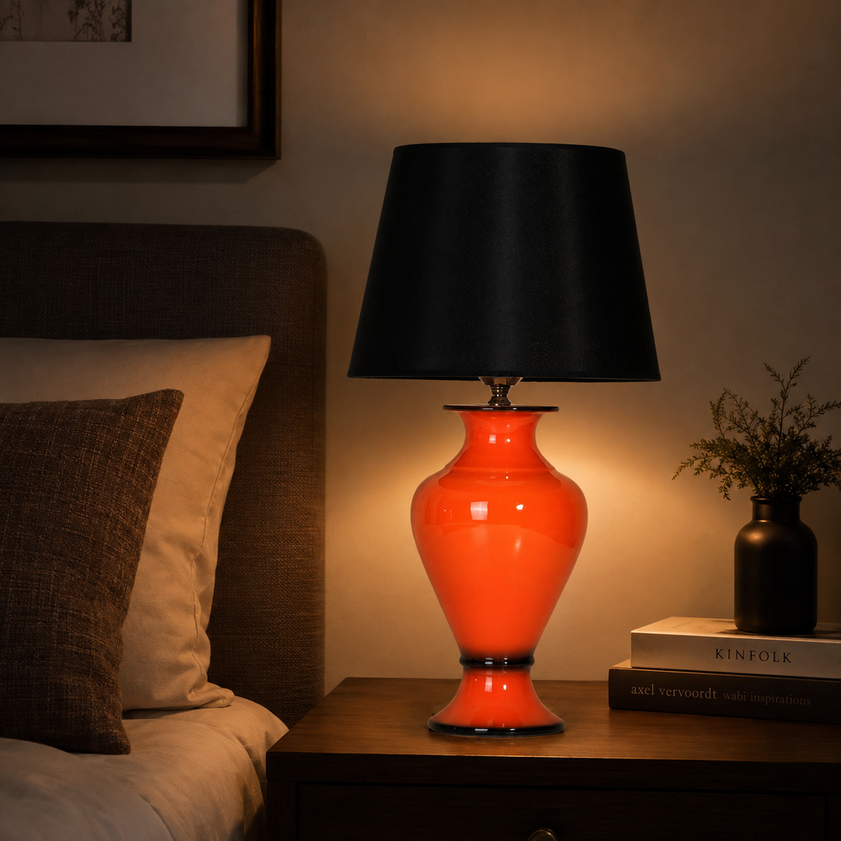 Orange Ceramic Table Lamp with Black Shade, Glossy Urn Bedside Lamp