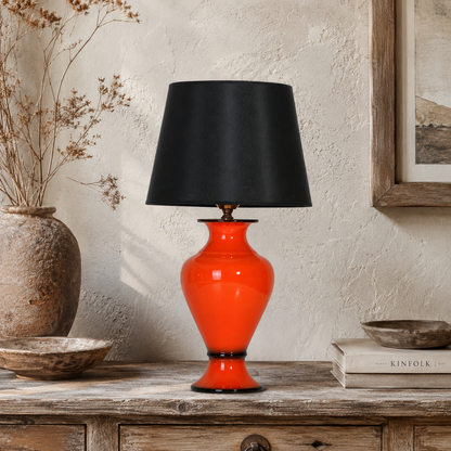 Orange Ceramic Table Lamp with Black Shade, Glossy Urn Bedside Lamp