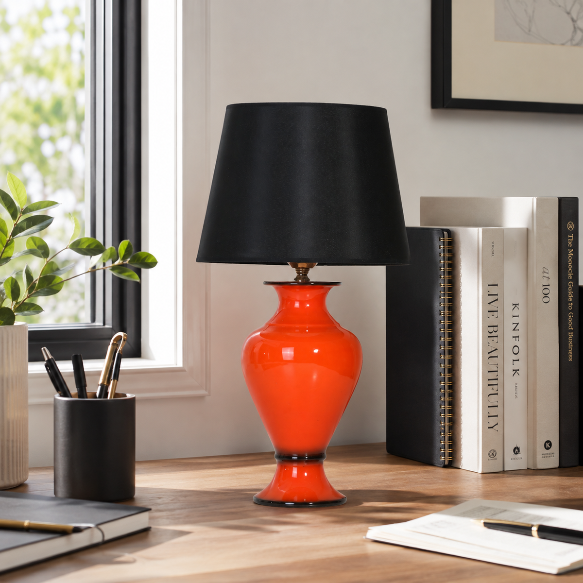 Orange Ceramic Table Lamp with Black Shade, Glossy Urn Bedside Lamp