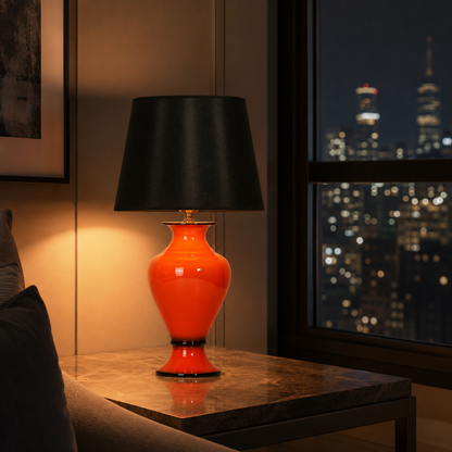 Orange Ceramic Table Lamp with Black Shade, Glossy Urn Bedside Lamp