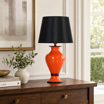 Orange Ceramic Table Lamp with Black Shade, Glossy Urn Bedside Lamp