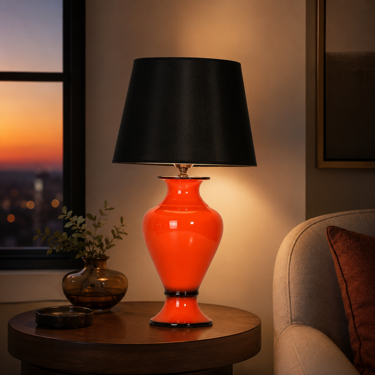 Orange Ceramic Table Lamp with Black Shade, Glossy Urn Bedside Lamp