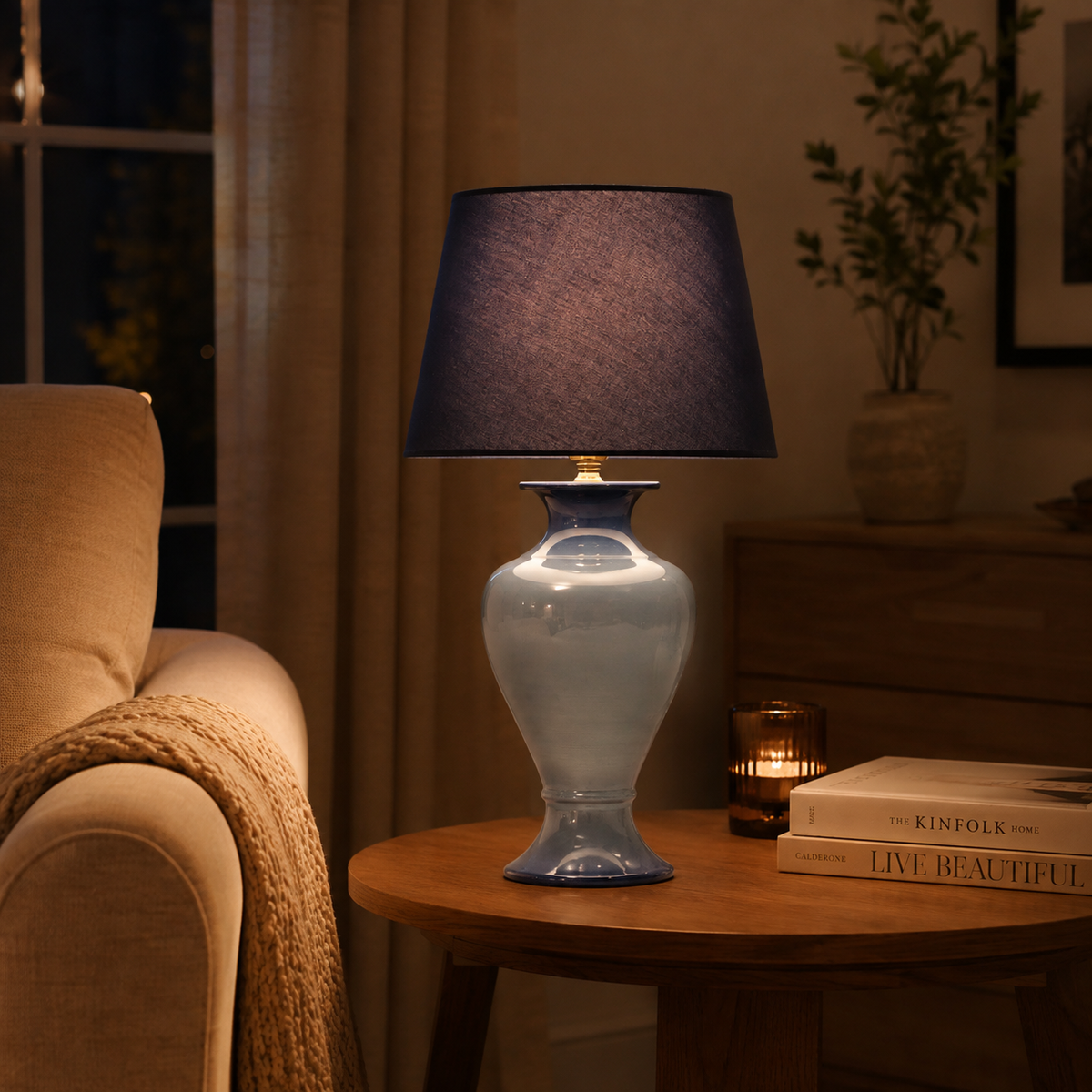 Blue Ombre Ceramic Table Lamp with Navy Shade, Glossy Urn Bedside Lamp