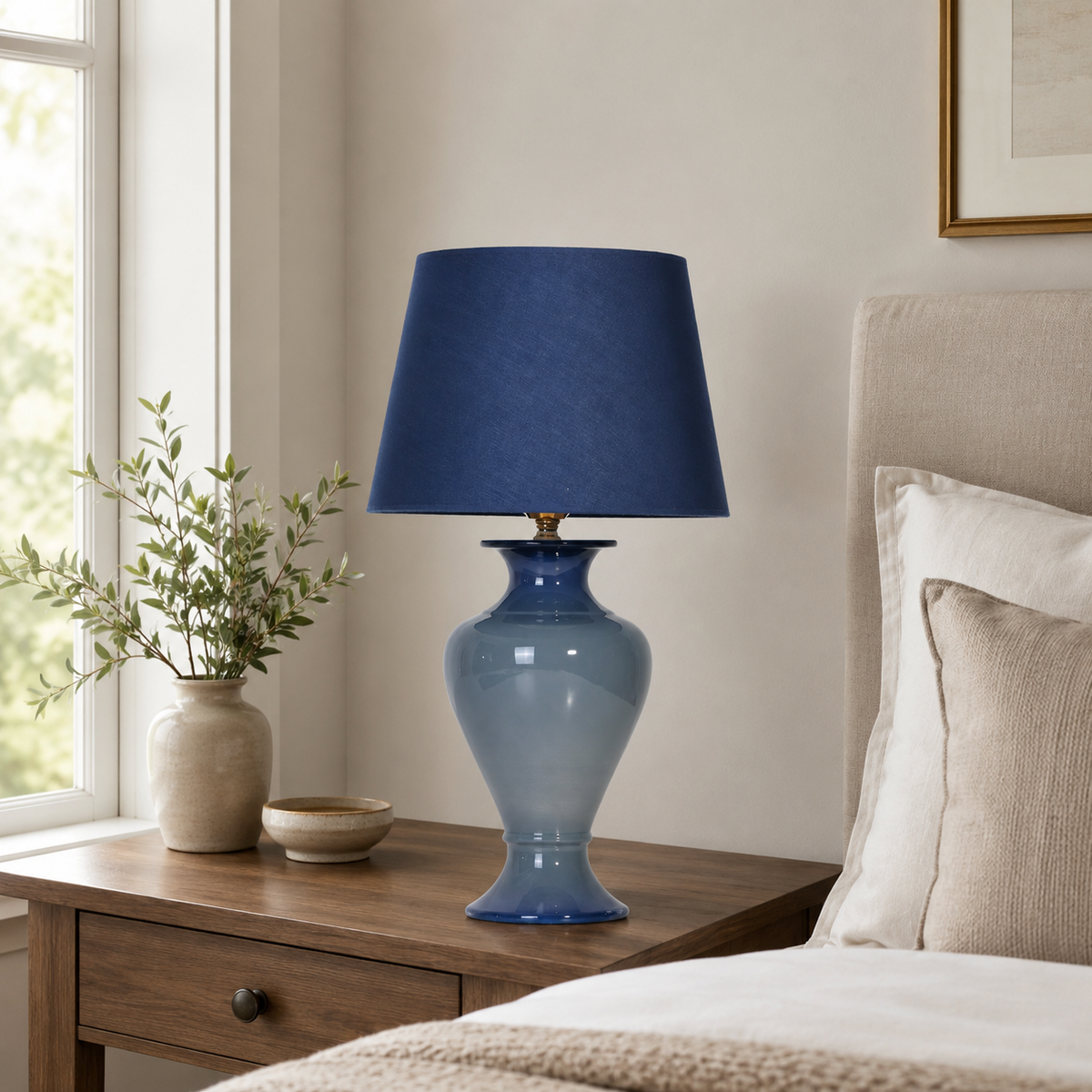 Blue Ombre Ceramic Table Lamp with Navy Shade, Glossy Urn Bedside Lamp