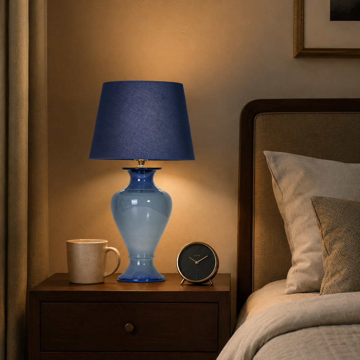 Blue Ombre Ceramic Table Lamp with Navy Shade, Glossy Urn Bedside Lamp