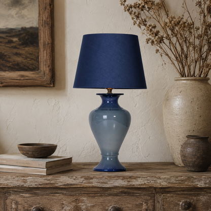 Blue Ombre Ceramic Table Lamp with Navy Shade, Glossy Urn Bedside Lamp