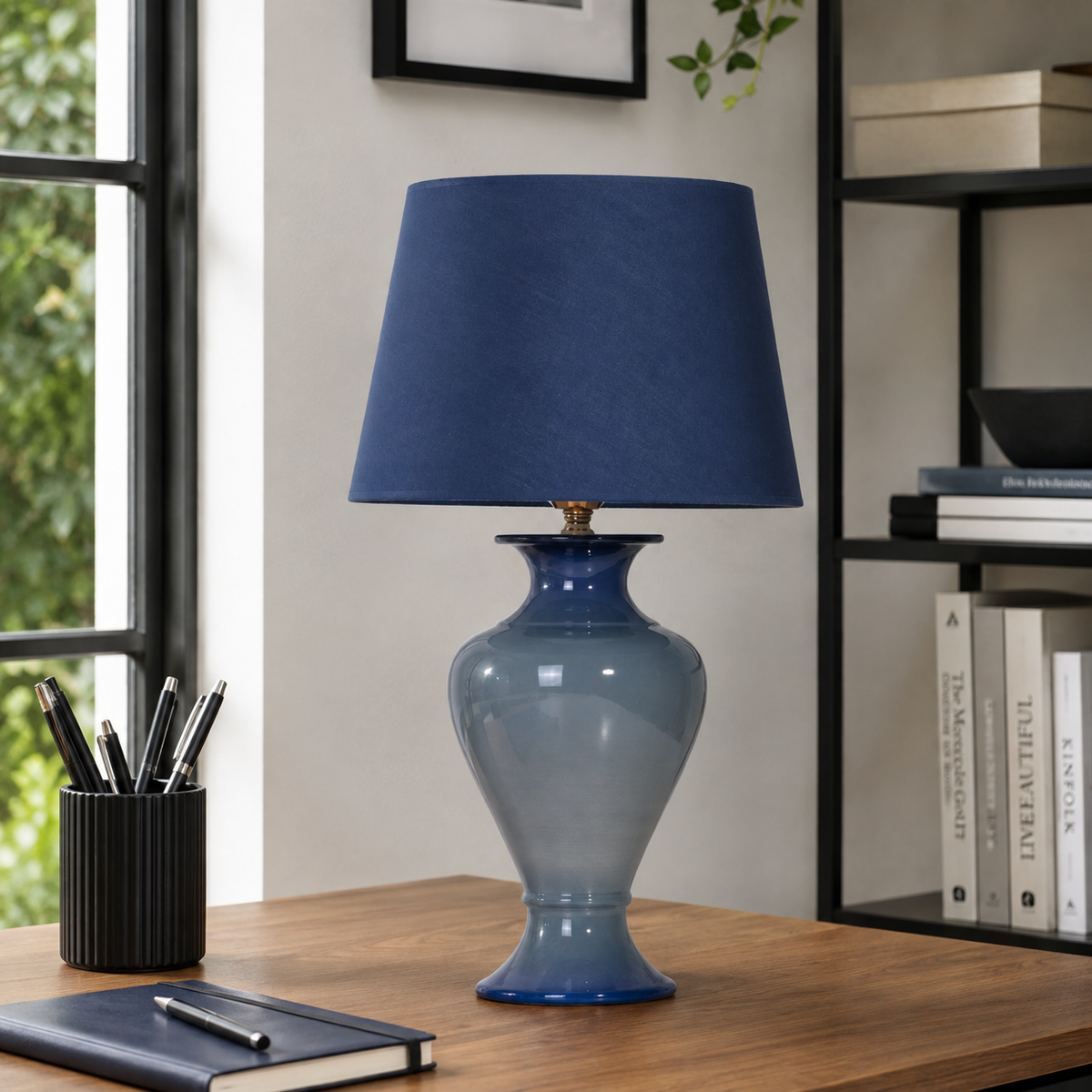 Blue Ombre Ceramic Table Lamp with Navy Shade, Glossy Urn Bedside Lamp