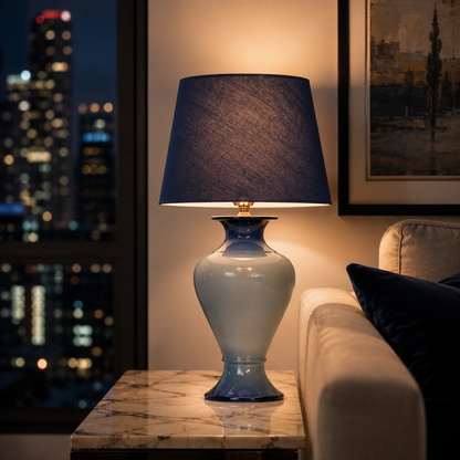 Blue Ombre Ceramic Table Lamp with Navy Shade, Glossy Urn Bedside Lamp