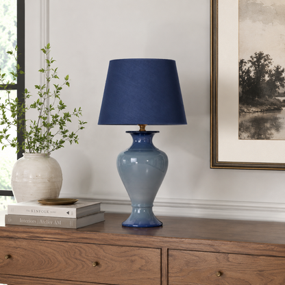 Blue Ombre Ceramic Table Lamp with Navy Shade, Glossy Urn Bedside Lamp