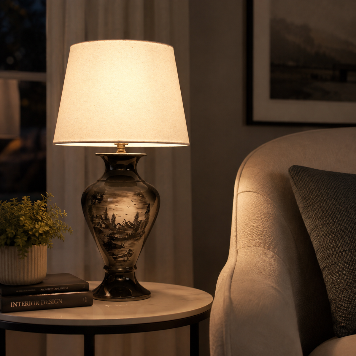 Black Landscape Ceramic Table Lamp, Hand-Painted Monochrome Urn Lamp