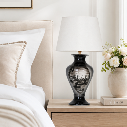 Black Landscape Ceramic Table Lamp, Hand-Painted Monochrome Urn Lamp