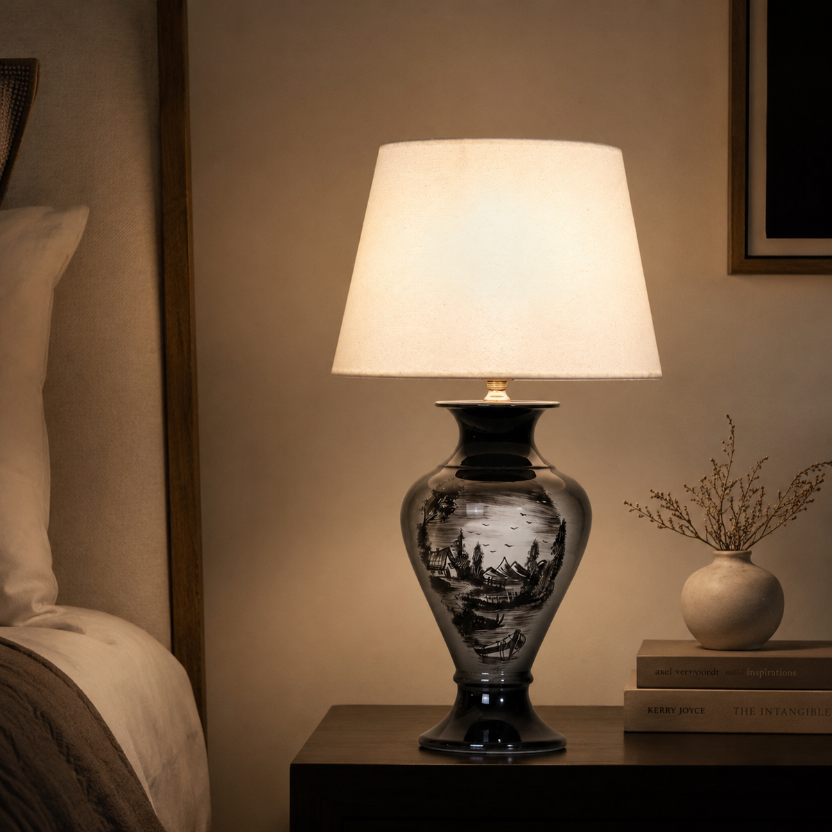 Black Landscape Ceramic Table Lamp, Hand-Painted Monochrome Urn Lamp